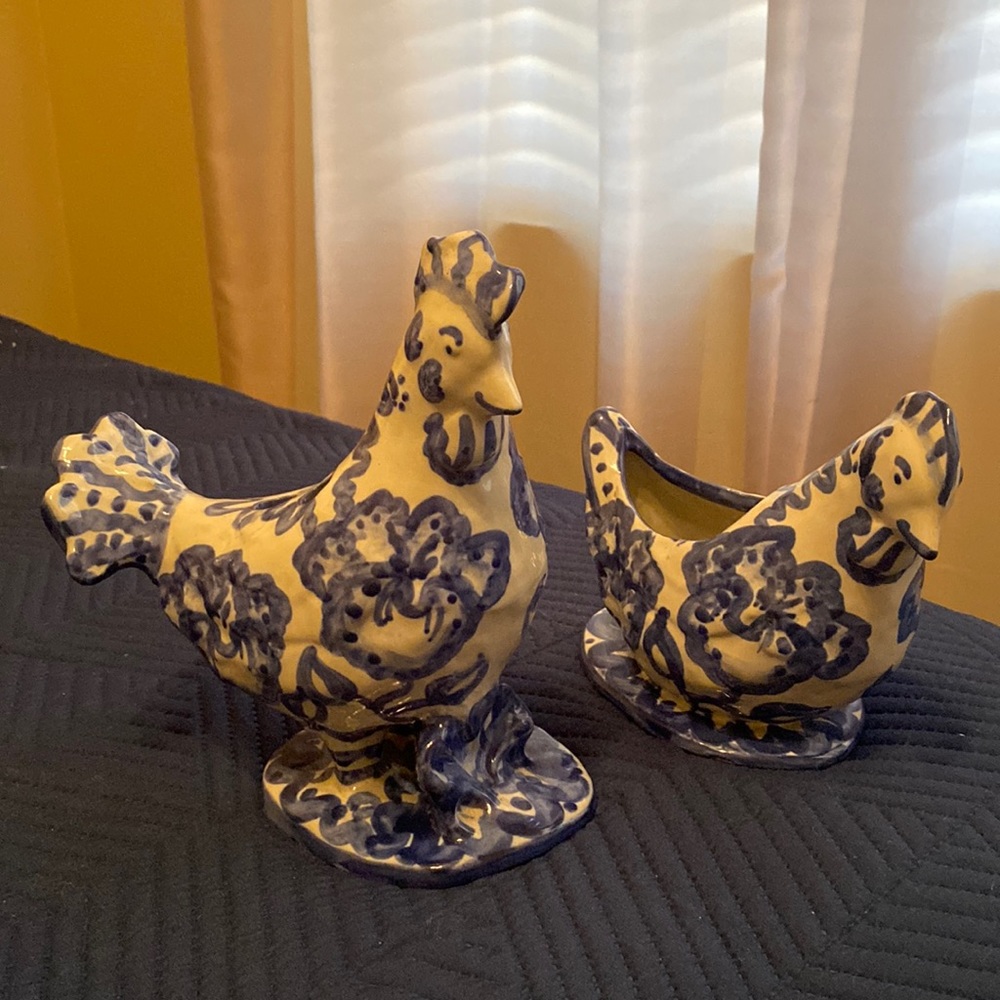 Blue & white decor chickens